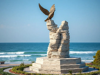 A 5-meter tall majestic sculpture made of stacked natural stones, featuring a prominent hexagonal base structure with a 6-meter diameter. At the very top, a beautifully sculpted, large-sized bronze dove is captured in mid-flight, symbolizing peace and freedom. The monument is situated in a public park right along the scenic beachfront of Sihanoukville, Cambodia. The base is surrounded by a lush coastal garden with native salt-tolerant plants and beach vegetation. Bright daylight, clear blue sky, soft ocean waves in the background, photorealistic, architectural rendering style, highly detailed stone and polished metal textures, 8k resolution.