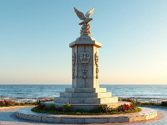 A majestic contemporary Khmer-style monument on the coastal beachfront park of Sihanoukville. The central structure is a 5-meter-tall hexagonal stone sculpture made of masterfully stacked natural stones, with a diameter of roughly 6 meters. At the very top, a beautifully carved stone dove, symbolizing freedom and peace, is depicted in a graceful flying posture. The base of the monument is seamlessly integrated into a beautifully landscaped garden featuring salt-tolerant coastal plants and marine flora. The overall design blends traditional Khmer art elements with modern architectural lines. Photorealistic, cinematic lighting, clear blue sky over the ocean background, morning golden hour, 8k resolution, highly detailed texture of the stone.