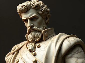 Escultura 3D detallada y real de Simón bolívar  con suaves texturas de bronce, que captura detalles intrincados de los rasgos faciales y la postura dinámica.