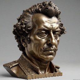 Escultura 3D detallada y real de Simón bolívar  con suaves texturas de bronce, que captura detalles intrincados de los rasgos faciales y la postura dinámica.