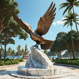 eautifully sculpted, large-sized bronze dove is captured in mid-flight, symbolizing peace and freedom. The monument is situated in a public park right along the scenic beachfront of Sihanoukville, Cambodia. The base is surrounded by a lush coastal garden with native salt-tolerant plants and beach vegetation. Bright daylight, clear blue sky, soft ocean waves in the background, photorealistic, architectural rendering style, highly detailed stone and polished metal textures, 8k resolution.