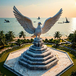 A majestic contemporary Khmer-style monument on the coastal beachfront park of Sihanoukville. The central structure is a 5-meter-tall hexagonal stone sculpture made of masterfully stacked natural stones, with a diameter of roughly 6 meters. At the very top, a beautifully carved stone dove, symbolizing freedom and peace, is depicted in a graceful flying posture. The base of the monument is seamlessly integrated into a beautifully landscaped garden featuring salt-tolerant coastal plants and marine flora. The overall design blends traditional Khmer art elements with modern architectural lines. Photorealistic, cinematic lighting, clear blue sky over the ocean background, morning golden hour, 8k resolution, highly detailed texture of the stone.