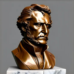 Escultura 3D detallada y real de Simón bolívar  con suaves texturas de bronce, que captura detalles intrincados de los rasgos faciales y la postura dinámica.