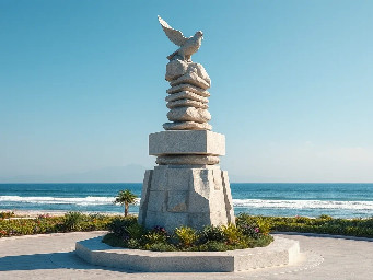 A 5-meter tall majestic sculpture made of stacked natural stones, featuring a hexagonal base structure with a 6-meter diameter. At the very top, a beautifully sculpted stone dove is captured in mid-flight, symbolizing peace and freedom. The monument is situated in a public park right along the scenic beachfront of Sihanoukville, Cambodia. The base is surrounded by a lush coastal garden with native salt-tolerant plants and beach vegetation. Bright daylight, clear blue sky, soft ocean waves in the background, photorealistic, architectural rendering style, highly detailed stone textures, 8k resolution.