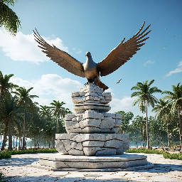 A 5-meter tall majestic sculpture made of stacked natural stones, featuring a prominent hexagonal base structure with a 6-meter diameter. At the very top, a beautifully sculpted, large-sized bronze dove is captured in mid-flight, symbolizing peace and freedom. The monument is situated in a public park right along the scenic beachfront of Sihanoukville, Cambodia. The base is surrounded by a lush coastal garden with native salt-tolerant plants and beach vegetation. Bright daylight, clear blue sky, soft ocean waves in the background, photorealistic, architectural rendering style, highly detailed stone and polished metal textures, 8k resolution.