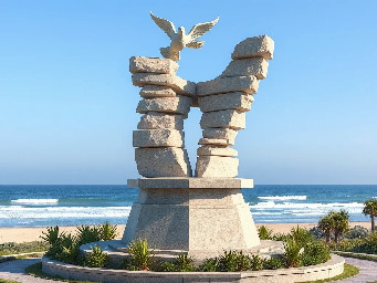 A 5-meter tall majestic sculpture made of stacked natural stones, featuring a hexagonal base structure with a 6-meter diameter. At the very top, a beautifully sculpted stone dove is captured in mid-flight, symbolizing peace and freedom. The monument is situated in a public park right along the scenic beachfront of Sihanoukville, Cambodia. The base is surrounded by a lush coastal garden with native salt-tolerant plants and beach vegetation. Bright daylight, clear blue sky, soft ocean waves in the background, photorealistic, architectural rendering style, highly detailed stone textures, 8k resolution.
