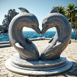 A professional architectural photograph of a large public monument featuring two beautiful dolphins sculpted from ancient grey sandstone. The two dolphins are facing each other, curving their bodies to form the shape of a heart, symbolizing love and peace. The base of the statue transitions into a detailed, natural-looking coral reef structure made of layered stones. The monument is situated in the center of a spacious coastal public square next to the blue ocean. Bright daytime, sunny weather, clear blue sky, cinematic lighting, highly detailed stone texture, photorealistic, 8k resolution.