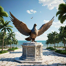 A 5-meter tall majestic sculpture made of stacked natural stones, featuring a prominent hexagonal base structure with a 6-meter diameter. At the very top, a beautifully sculpted, large-sized bronze dove is captured in mid-flight, symbolizing peace and freedom. The monument is situated in a public park right along the scenic beachfront of Sihanoukville, Cambodia. The base is surrounded by a lush coastal garden with native salt-tolerant plants and beach vegetation. Bright daylight, clear blue sky, soft ocean waves in the background, photorealistic, architectural rendering style, highly detailed stone and polished metal textures, 8k resolution.