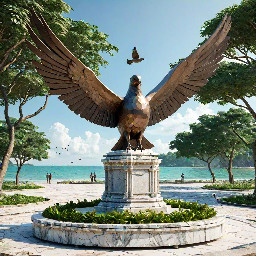 A 5-meter tall majestic sculpture made of stacked natural stones, featuring a prominent hexagonal base structure with a 6-meter diameter. At the very top, a beautifully sculpted, large-sized bronze dove is captured in mid-flight, symbolizing peace and freedom. The monument is situated in a public park right along the scenic beachfront of Sihanoukville, Cambodia. The base is surrounded by a lush coastal garden with native salt-tolerant plants and beach vegetation. Bright daylight, clear blue sky, soft ocean waves in the background, photorealistic, architectural rendering style, highly detailed stone and polished metal textures, 8k resolution.