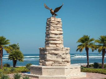 A 5-meter tall majestic sculpture made of stacked natural stones, featuring a prominent hexagonal base structure with a 6-meter diameter. At the very top, a beautifully sculpted, large-sized bronze dove is captured in mid-flight, symbolizing peace and freedom. The monument is situated in a public park right along the scenic beachfront of Sihanoukville, Cambodia. The base is surrounded by a lush coastal garden with native salt-tolerant plants and beach vegetation. Bright daylight, clear blue sky, soft ocean waves in the background, photorealistic, architectural rendering style, highly detailed stone and polished metal textures, 8k resolution.