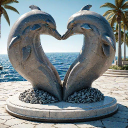 A professional architectural photograph of a large public monument featuring two beautiful dolphins sculpted from ancient grey sandstone. The two dolphins are facing each other, curving their bodies to form the shape of a heart, symbolizing love and peace. The base of the statue transitions into a detailed, natural-looking coral reef structure made of layered stones. The monument is situated in the center of a spacious coastal public square next to the blue ocean. Bright daytime, sunny weather, clear blue sky, cinematic lighting, highly detailed stone texture, photorealistic, 8k resolution.