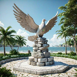 A 5-meter tall majestic sculpture made of stacked natural stones, featuring a hexagonal base structure with a 6-meter diameter. At the very top, a beautifully sculpted stone dove is captured in mid-flight, symbolizing peace and freedom. The monument is situated in a public park right along the scenic beachfront of Sihanoukville, Cambodia. The base is surrounded by a lush coastal garden with native salt-tolerant plants and beach vegetation. Bright daylight, clear blue sky, soft ocean waves in the background, photorealistic, architectural rendering style, highly detailed stone textures, 8k resolution.